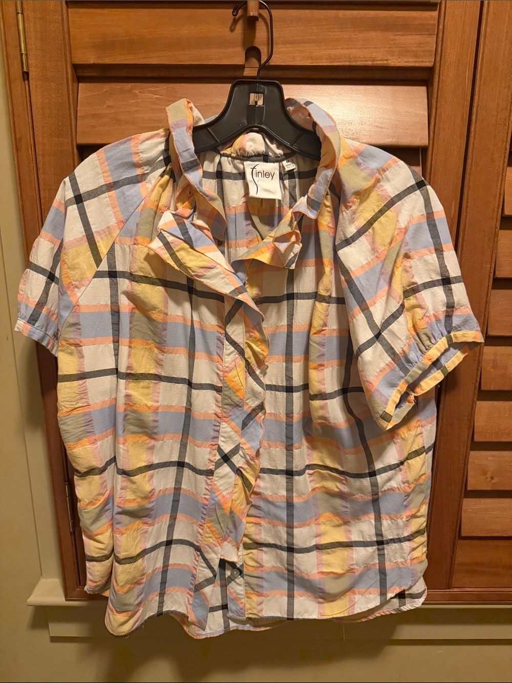Finley Pastel Plaid Ruffle Neck Short Sleeve Blouse